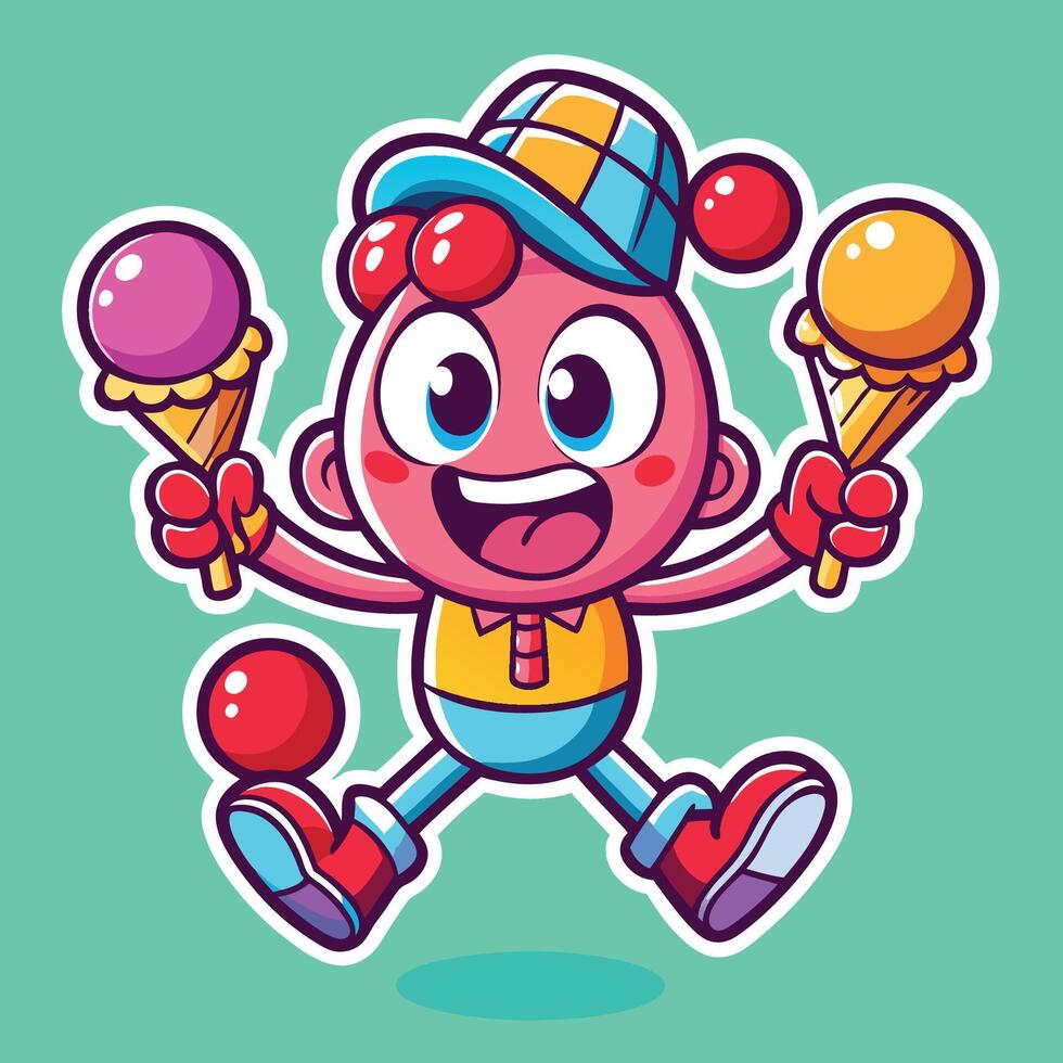 Amusing Cartoon Sticker of Ice Cream Cone Juggling Three Scoops vector