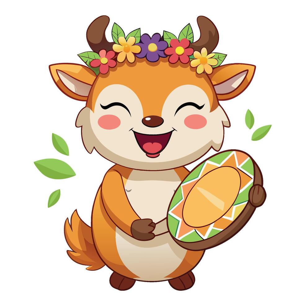 Jolly Cartoon Deer Adorned with a Festive Wreath vector