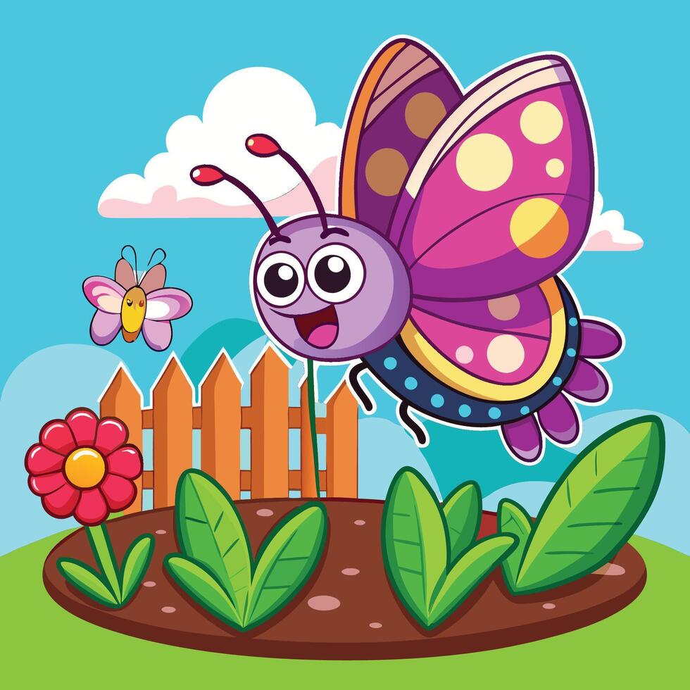 Cartoon Butterfly Fluttering through a Colorful Garden Oasis vector