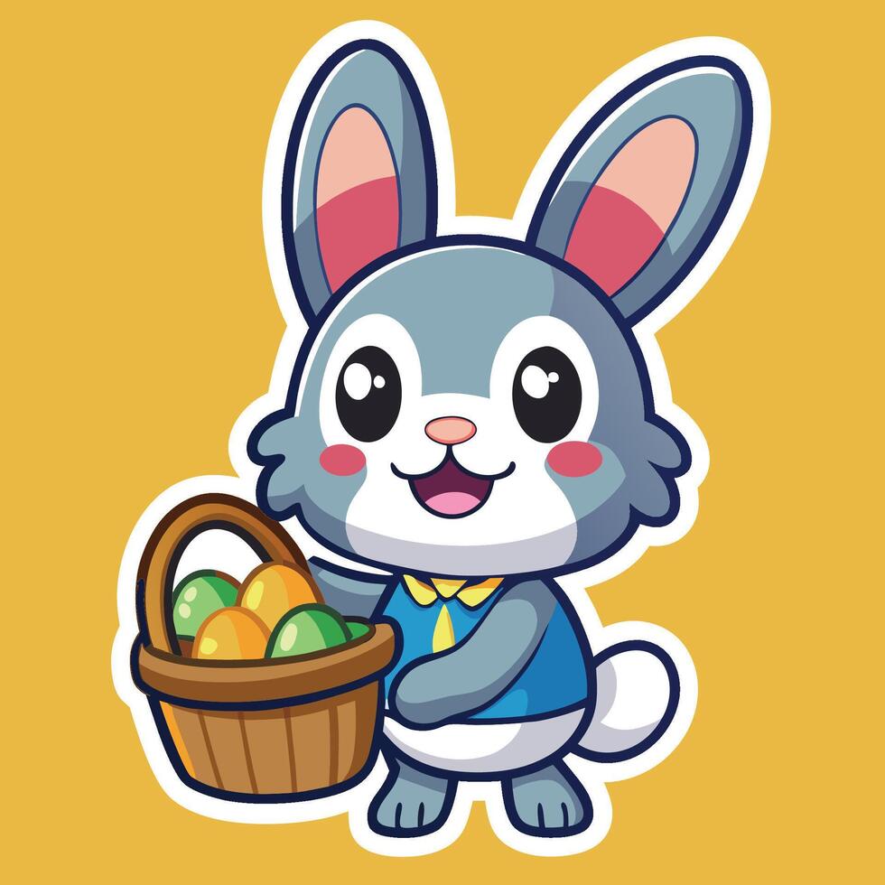 Adorable Cartoon Bunny Holding a Basket Filled with Colorful Easter Eggs vector