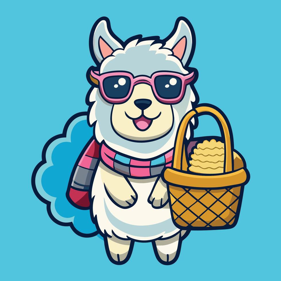 Cartoon Sticker of a Smiling Alpaca Wearing Sunglasses vector