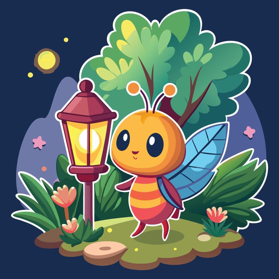 Cartoon Sticker of a Firefly Lighting Up a Serene Night vector