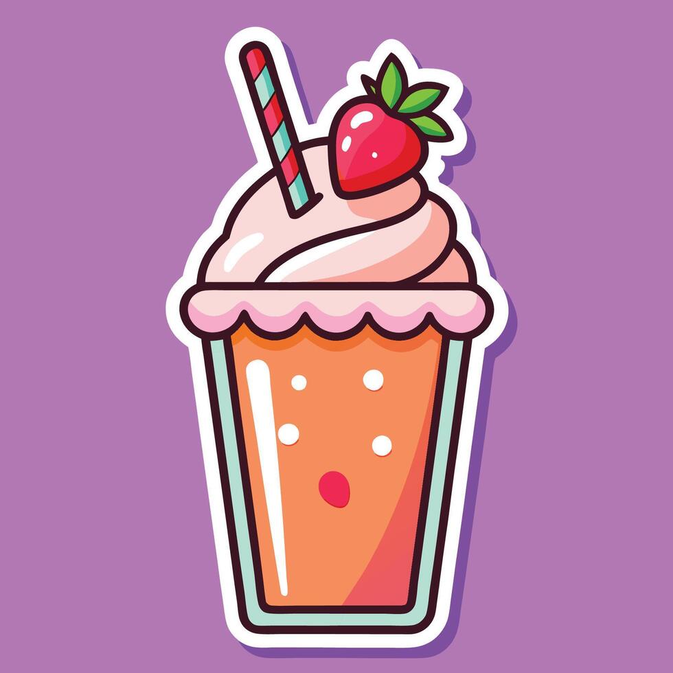 Adorable Cartoon Strawberry Milkshake with Whipped Cream Sticker vector