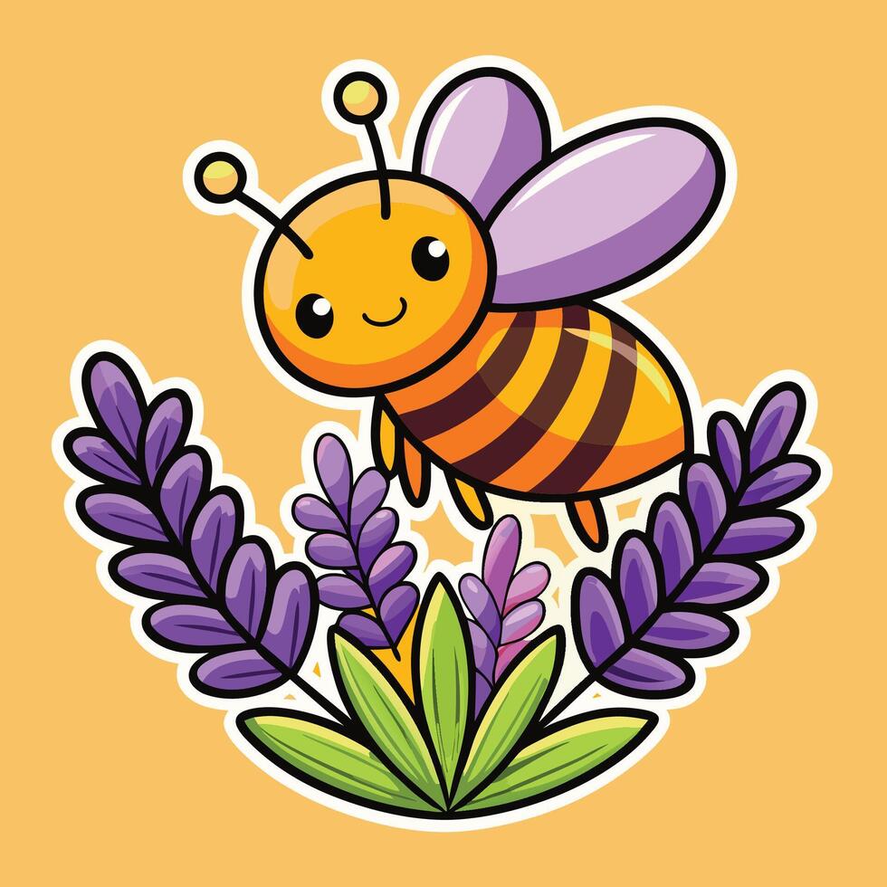 Cartoon Bee Buzzing Around a Lavender Flower with Pollen Basket Attached vector