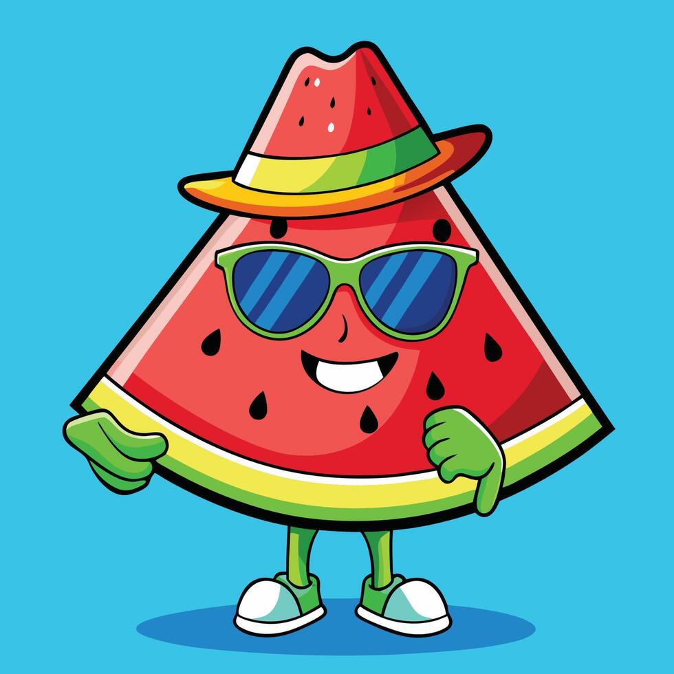 Cute Cartoon Watermelon Slice Sticker with Sunglasses and a Big Grin vector