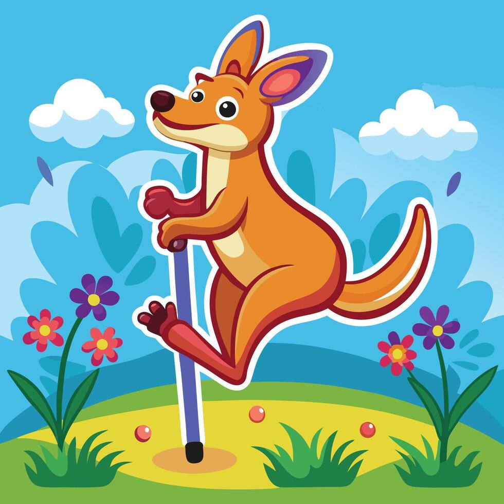 Playful Kangaroo Riding a Colorful Pog Cartoon Sticker vector