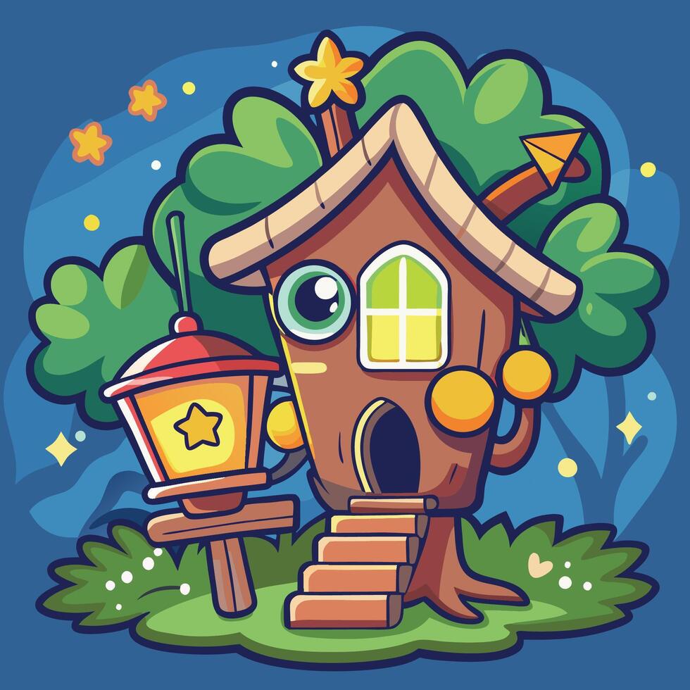 Whimsical Firefly Illuminates Enchanted Treehouse vector