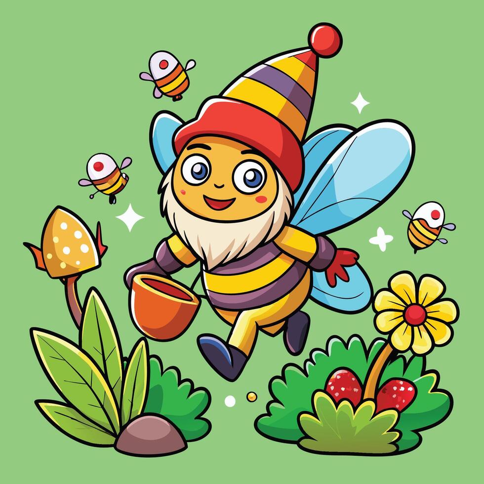 Animated Bee Zooming Around a Whimsical Garden Gnome vector