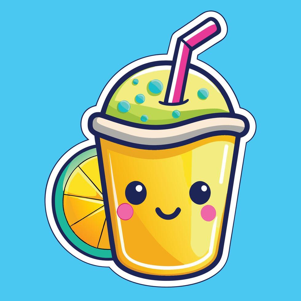 Cartoon Smoothie with a Smiling Lemon Sticker for Kids vector
