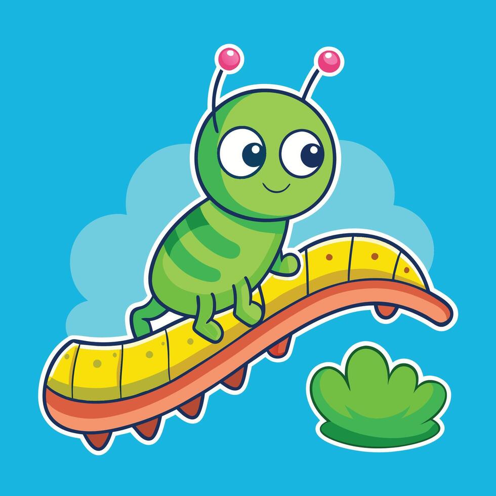 Cartoon Sticker of an Adorable Caterpillar Crawling on a Tiny Leaf vector