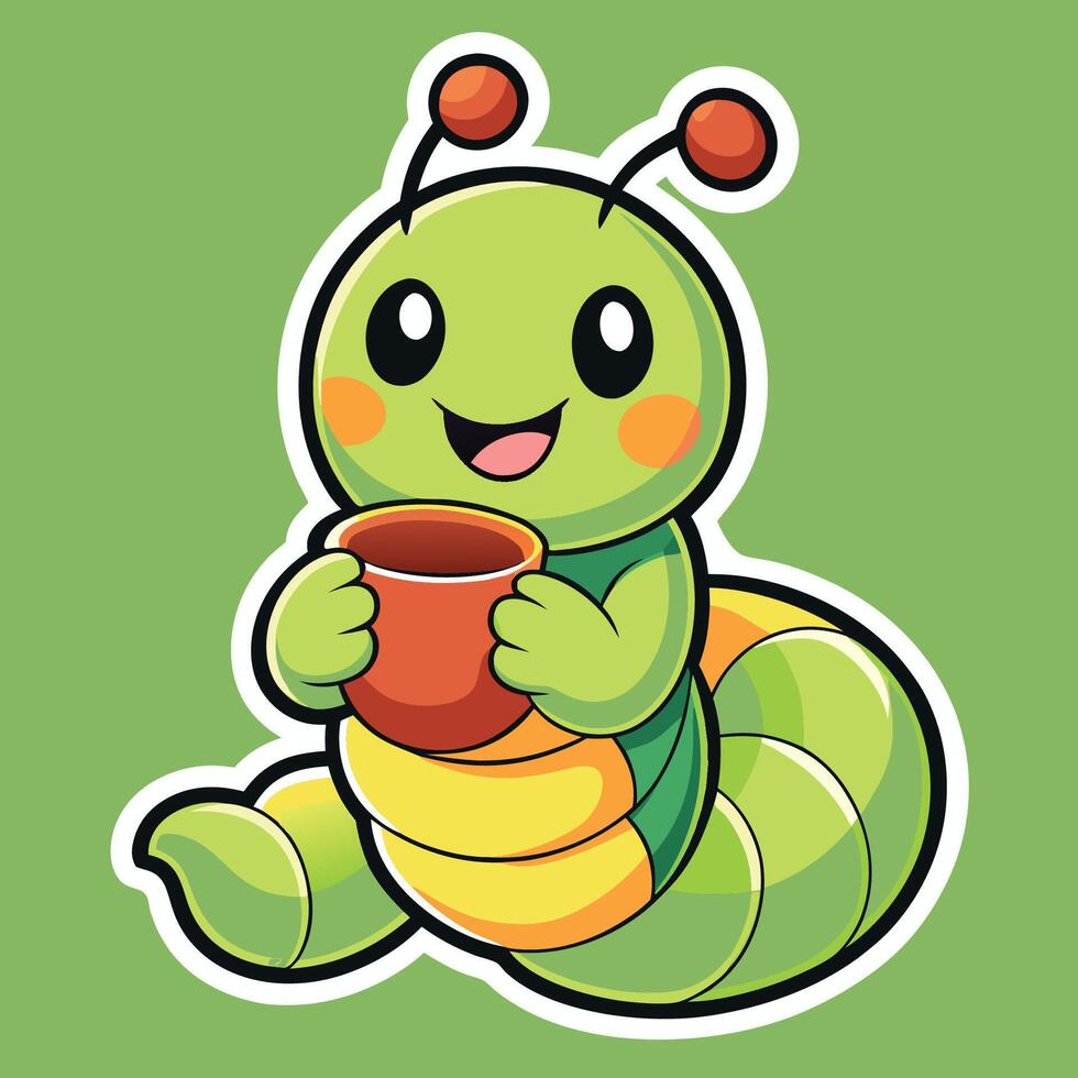 Cartoon Caterpillar s Cozy Caffeine Break with a Tiny Mug vector