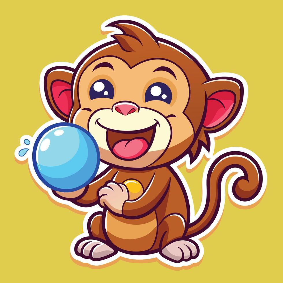 Cartoon Sticker Featuring a Playful Monkey Blowing Bubbles vector