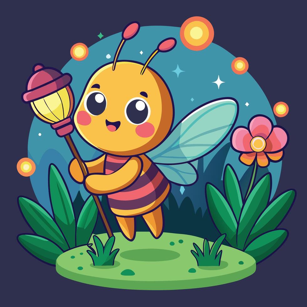 Cartoon Firefly Enchanting a Flower with its Bioluminescent Glow vector