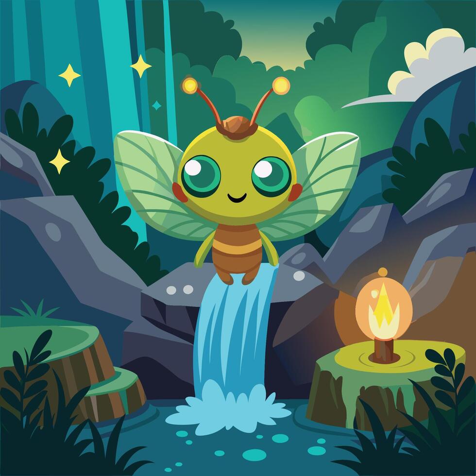 Glowing Firefly Cartoon Sticker Lighting Up a Waterfall at Night vector