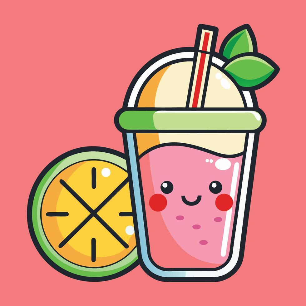 Adorable Cartoon Smoothie Sticker with a Cute Straw and Red Cheeks vector