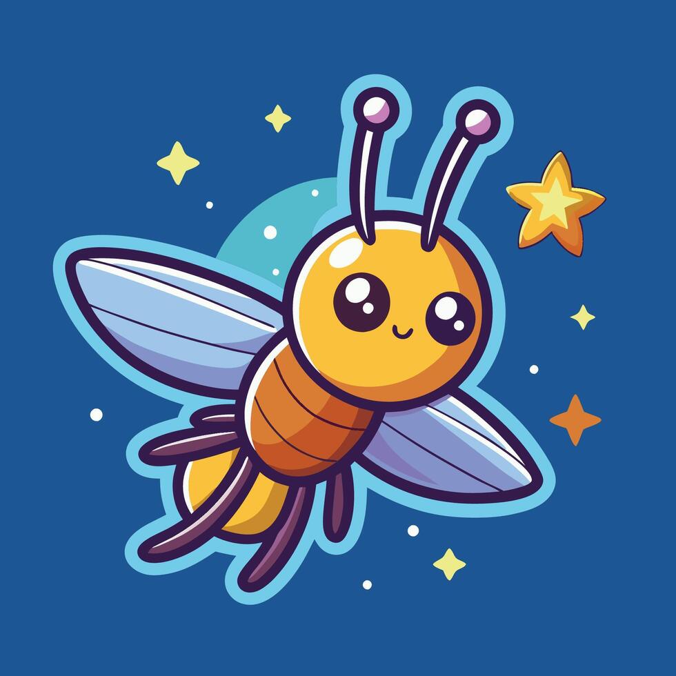 Cartoon Illustration of a Firefly Soaring Through the Night Sky with a Glowing Trail of Light vector