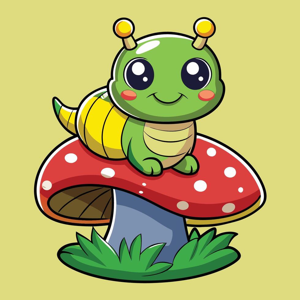Adorable Cartoon Caterpillar Sits Contentedly on Top of a Warty Toadstool vector