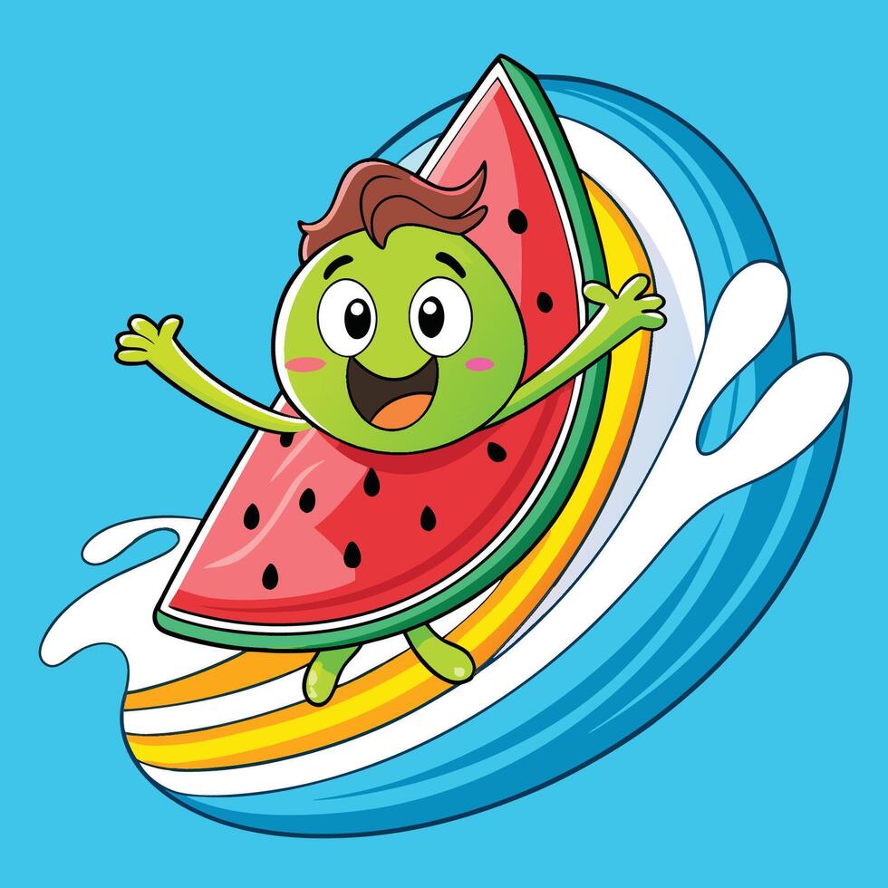 Cartoon Watermelon Slice Surfing with Style on a Hypnotic Wave vector