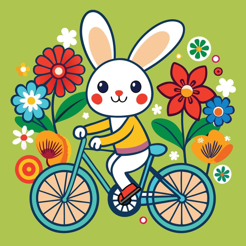 Cartoonish Bunny Delight A Playful Rabbit Riding a Bicycle with Excitement vector