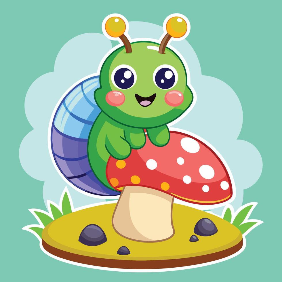 Cartoon Caterpillar Perched on a Green Toadstool vector
