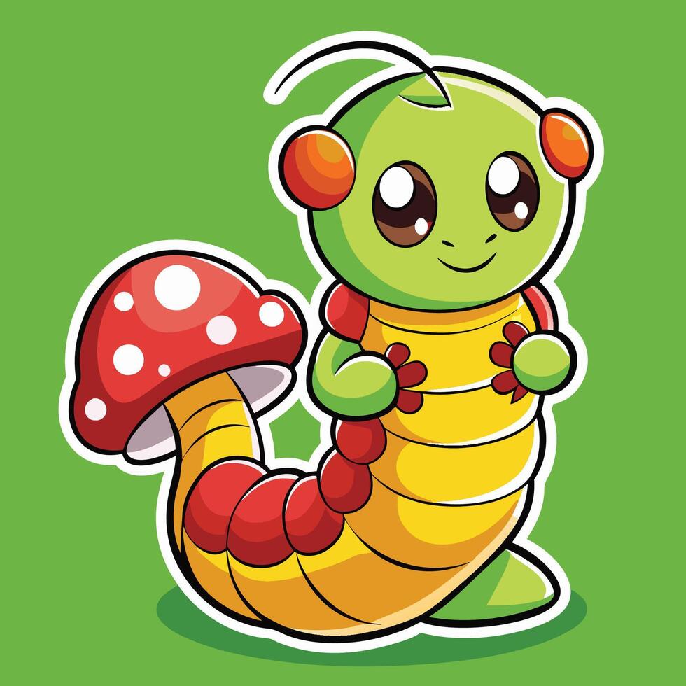 Cartoon Caterpillar Clinging to Tiny Yellow Mushroom vector