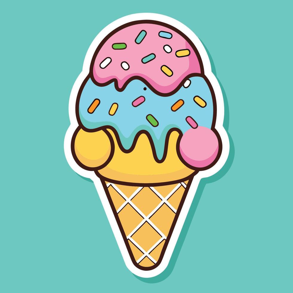 Bright and Colorful Cartoon Ice Cream Cone with Rainbow Sprinkles vector