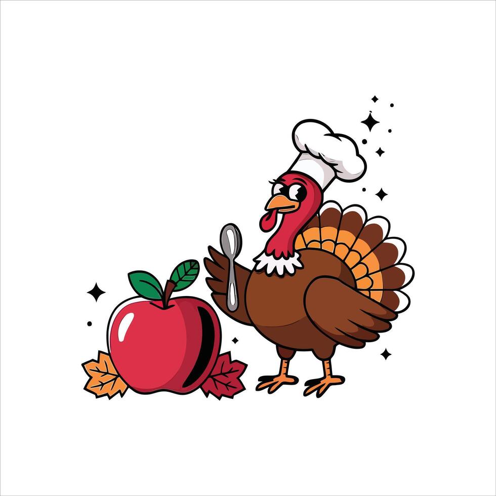 Thanksgiving Chef Turkey with Apple and Spoon - Fun Holiday Illustration vector