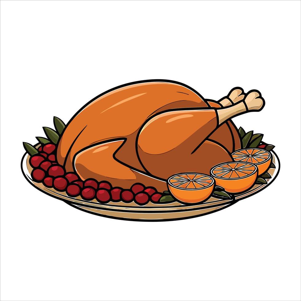 Thanksgiving Roasted Turkey Illustration with Cranberries and Orange Slices vector