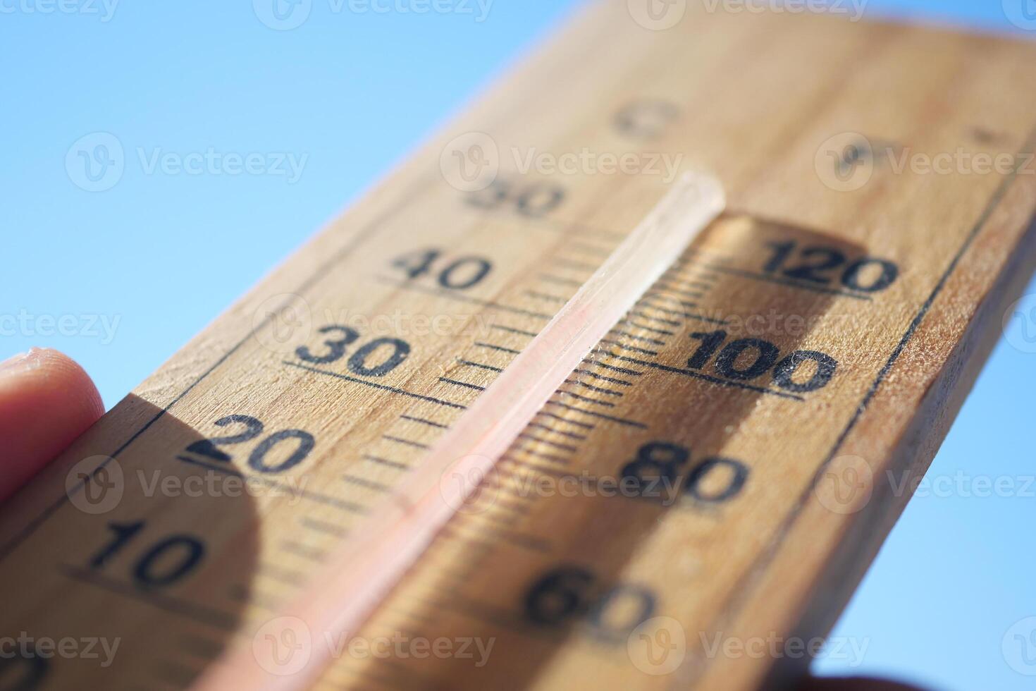 A hand is holding a thermometer against a clear blue sky filled with sunlight and warmth photo