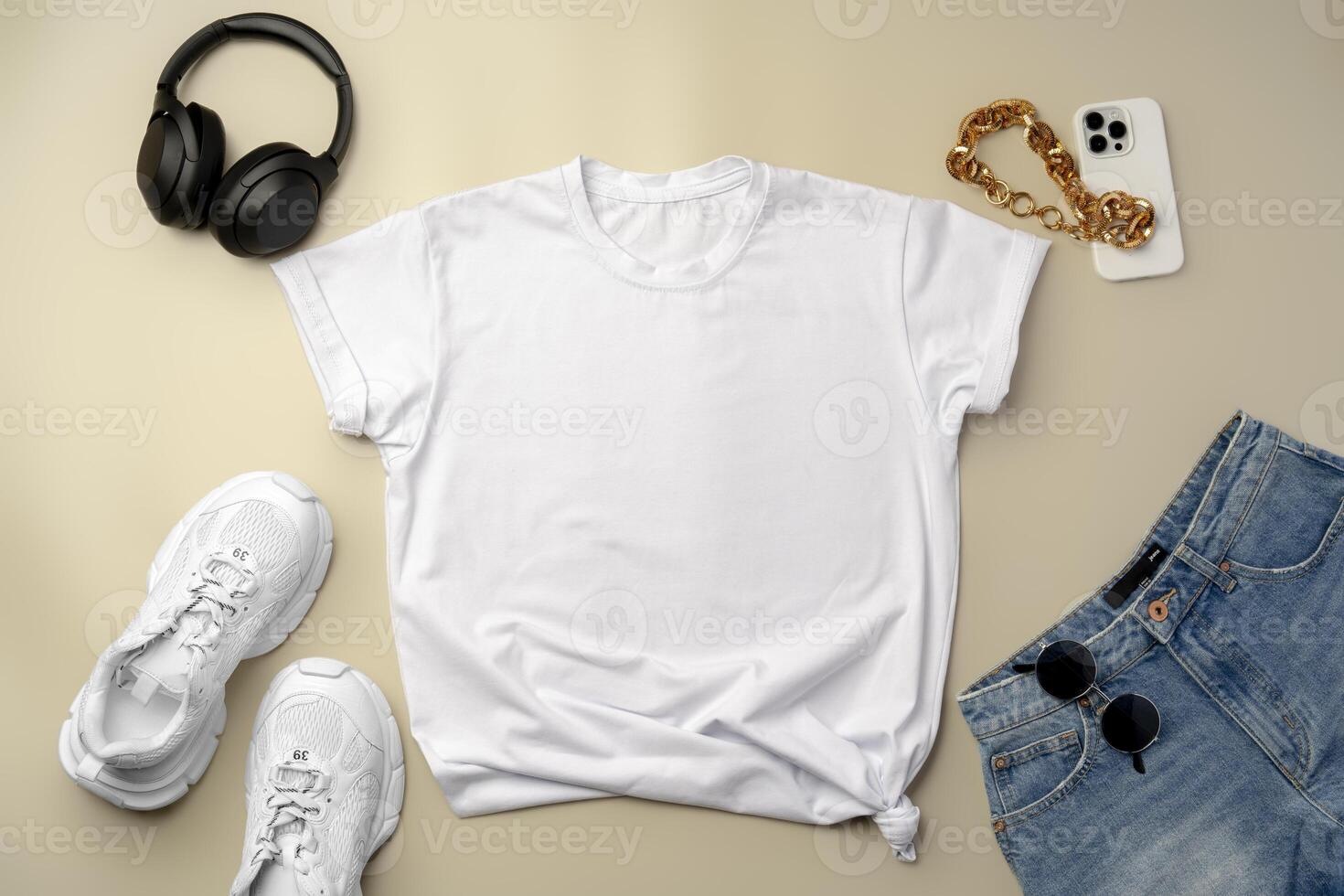 White T-shirt, jeans and sneakers on beige background photo