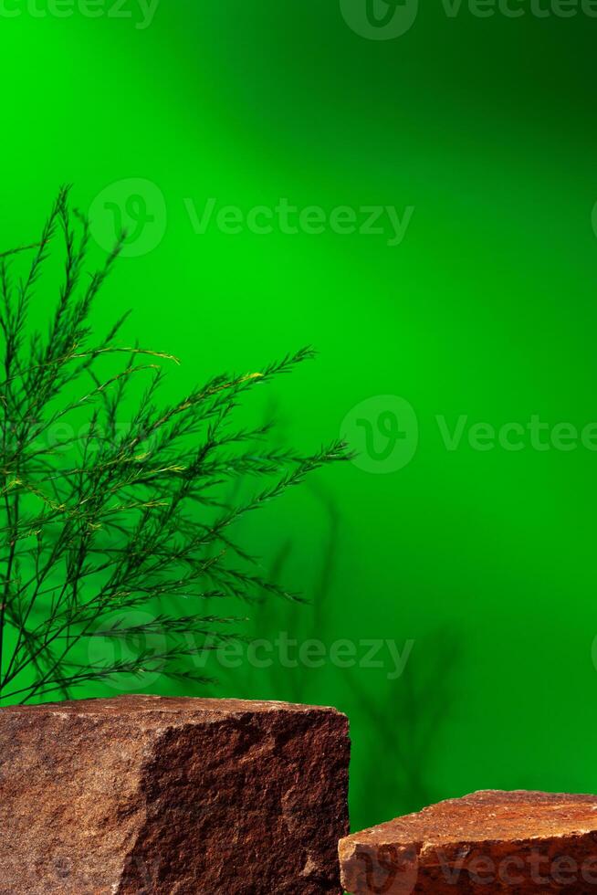 Mock up stone podium against green background photo