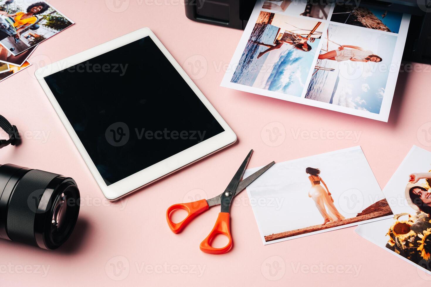 Printer, photo camera and digital tablet on table. Printing photos concept