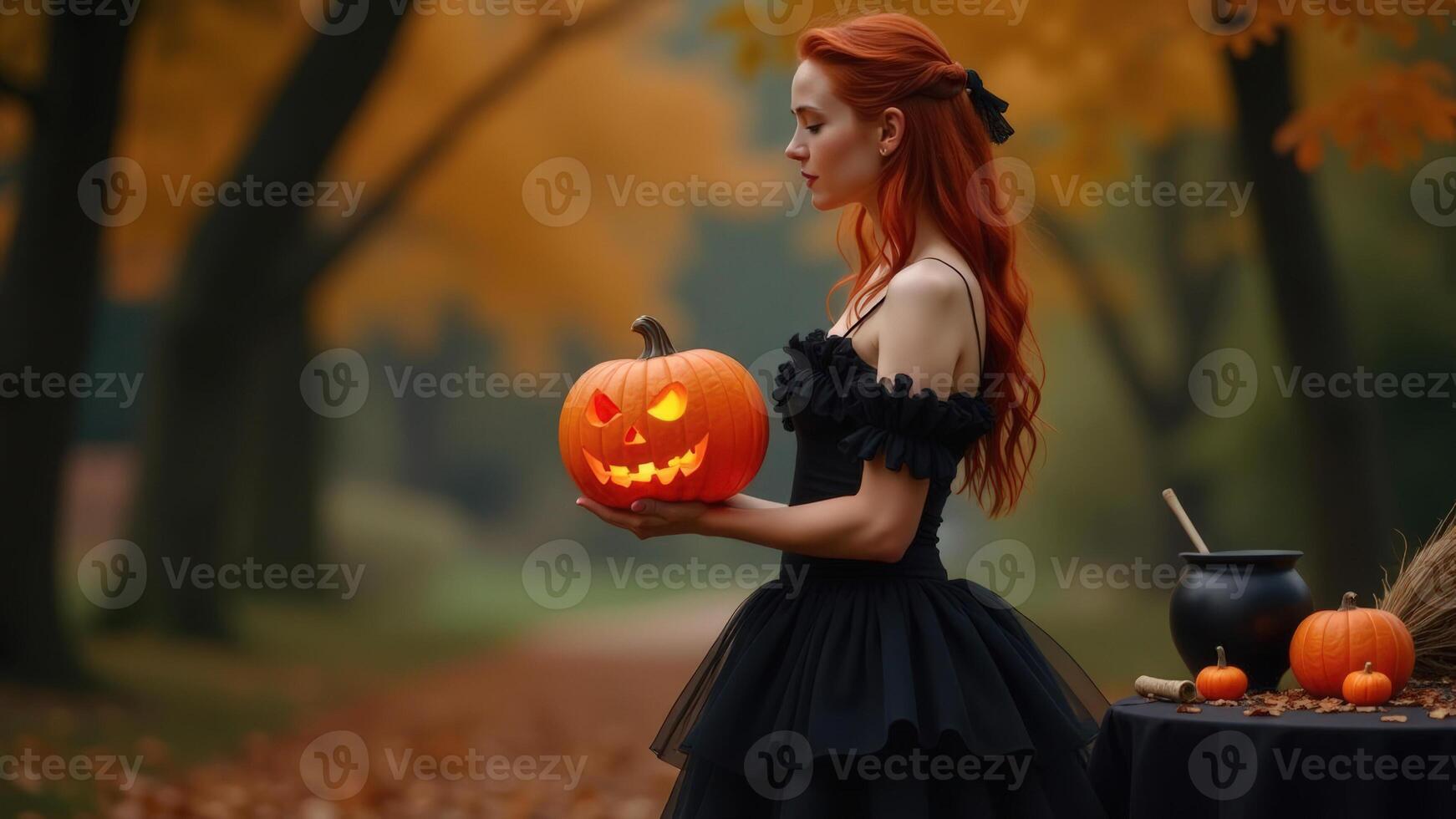 Halloween. A woman with red hair in a black dress holds an ominous glowing pumpkin near a table against the background of autumn trees, copy space photo