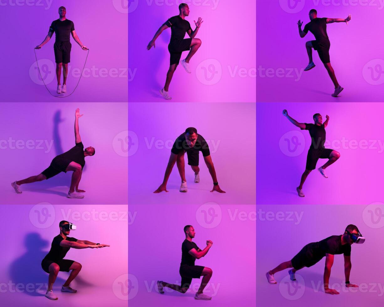 An athlete showcases an energetic workout, incorporating jump rope and various exercise poses. The vibrant purple lighting creates an engaging atmosphere, highlighting each movement clearly. photo