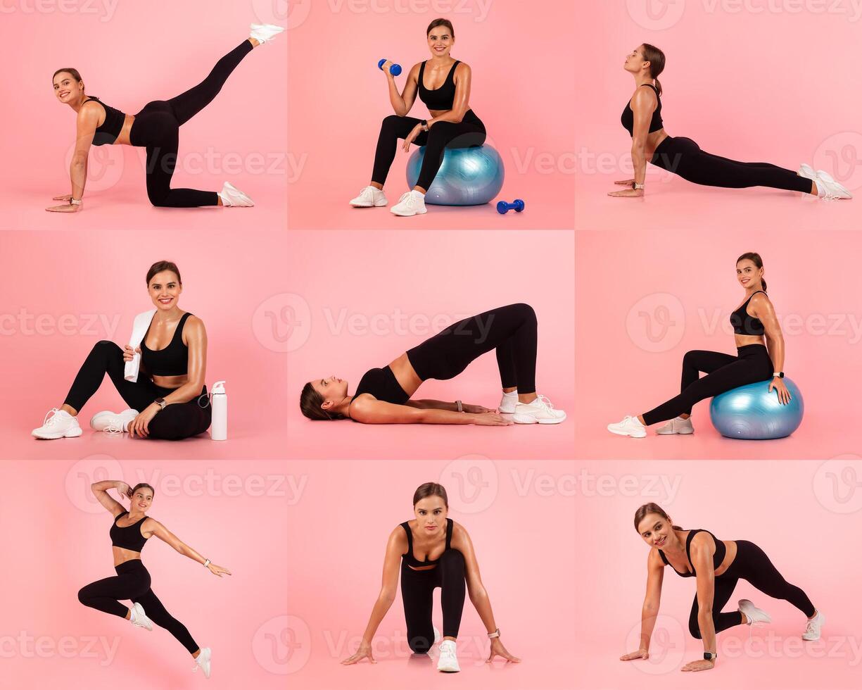 A woman engages in multiple workout routines including stretches and strength training using dumbbells and a stability ball. The vibrant pink backdrop enhances the energetic atmosphere. photo