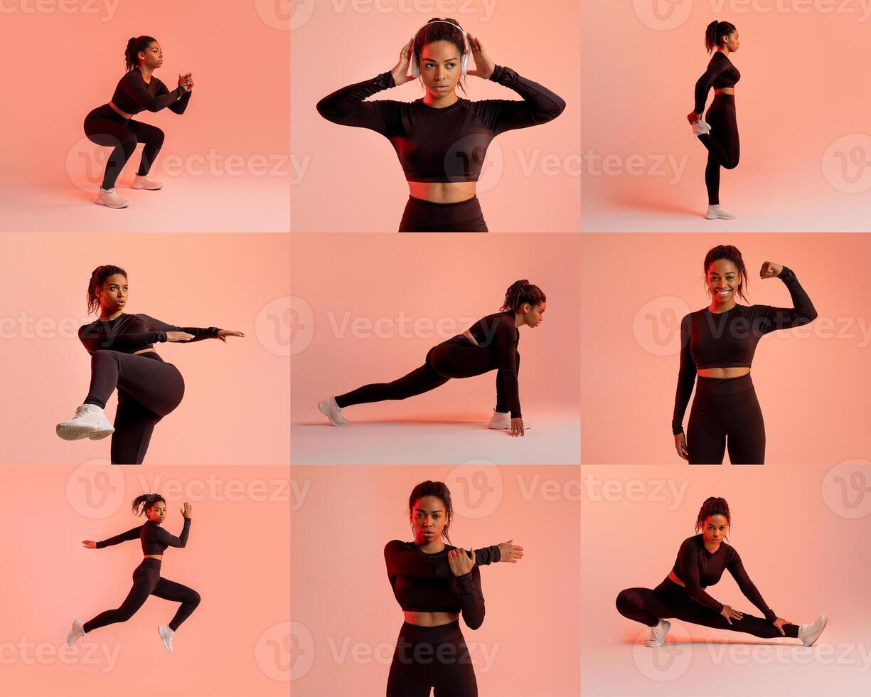 Black woman showcases various fitness poses, including stretching and strength exercises, while wearing black activewear in a brightly colored environment. Her movements convey energy and focus. photo