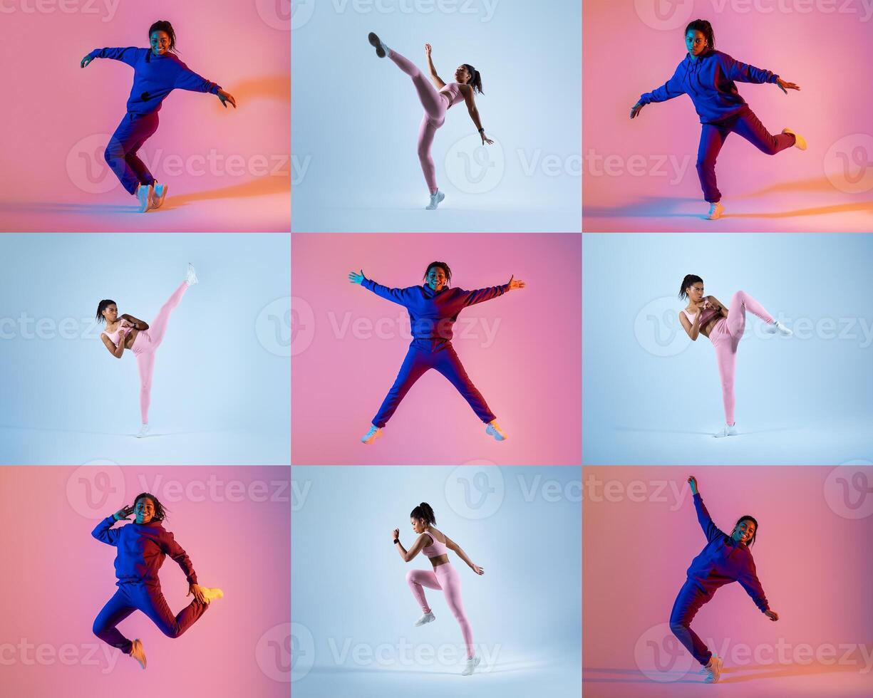 African American dancer demonstrates various energetic poses in a studio featuring colorful lighting. Backdrop alternates between pink and blue, enhancing the vibrant atmosphere of the performance. photo