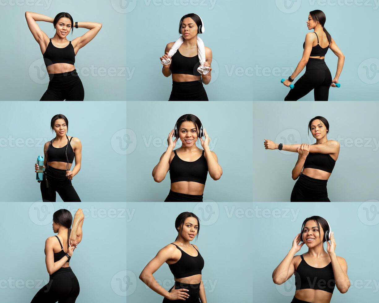 A fit black woman engages in various workout poses, demonstrating strength and flexibility. She appears motivated and energetic while using dumbbells and headphones in a vibrant environment. photo