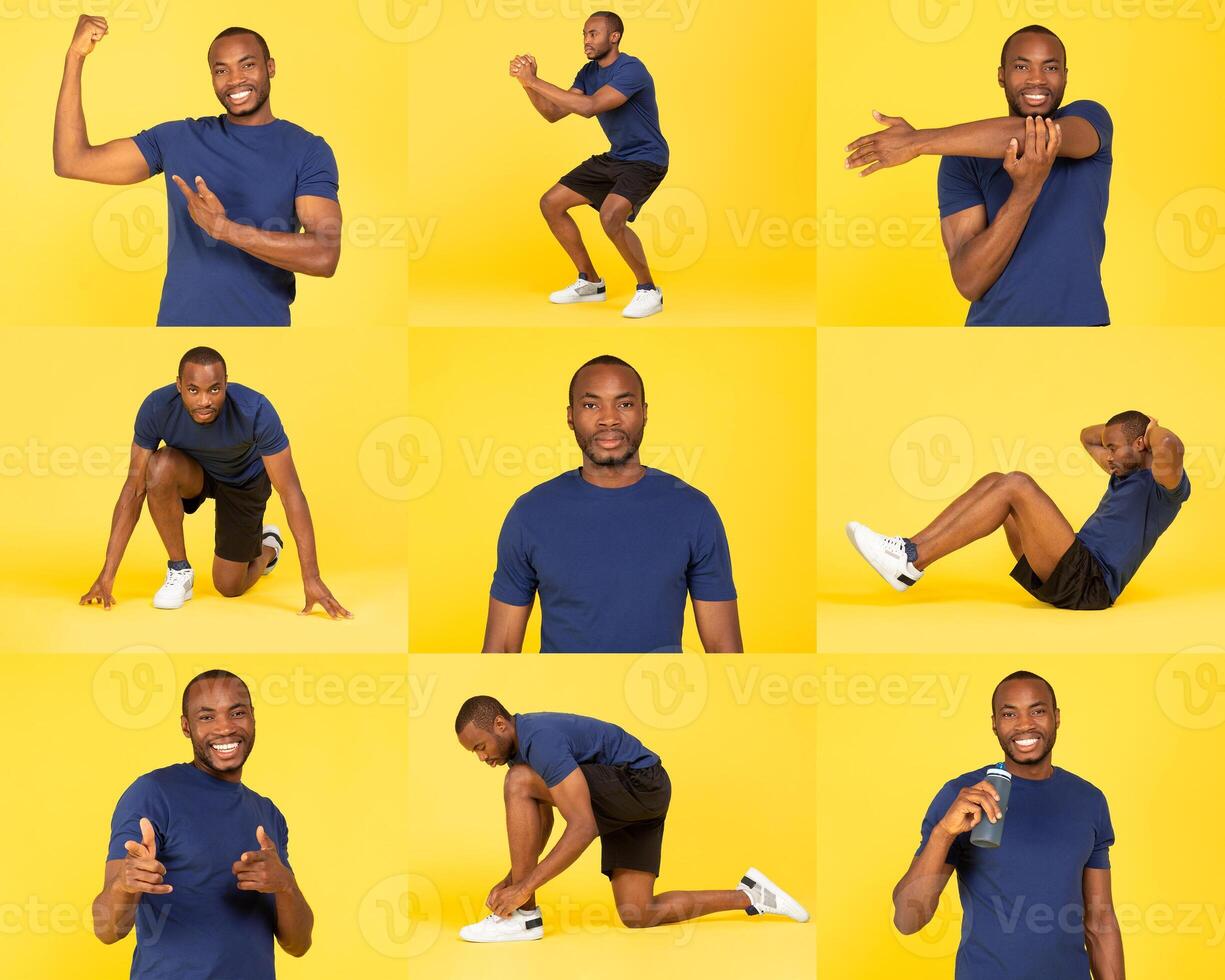 A man showcases different fitness exercises, including stretches and strength moves, on a vibrant yellow backdrop. Each pose highlights his workout routine and enthusiasm for fitness. photo