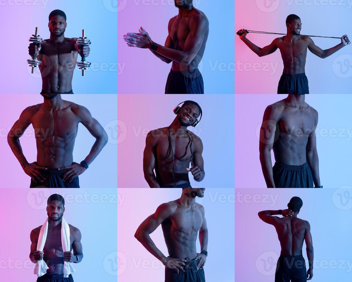 A fit black man demonstrates various strength training exercises in a vibrant studio. The colorful background enhances the focus on his muscular physique and workout routines throughout the series. photo