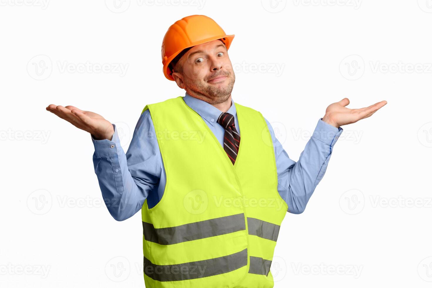 Clueless Builder Worker Shrugging Shoulder Looking At Camera Posing Over White Background. Studio Shot photo