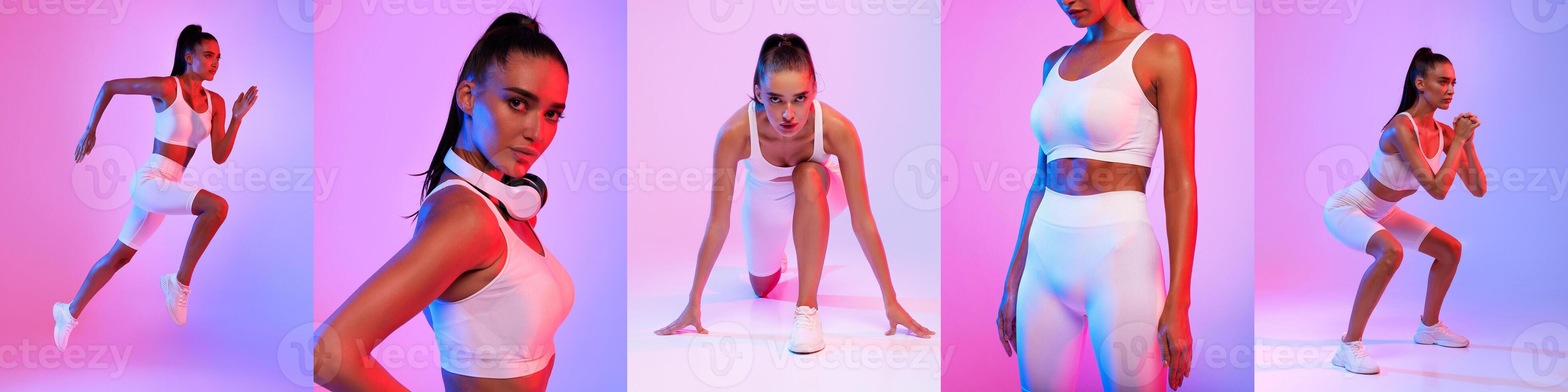 A fitness enthusiast performs a variety of exercises in a colorful studio. The setting showcases dynamic movements, highlighting strength and athleticism in a lively atmosphere. photo