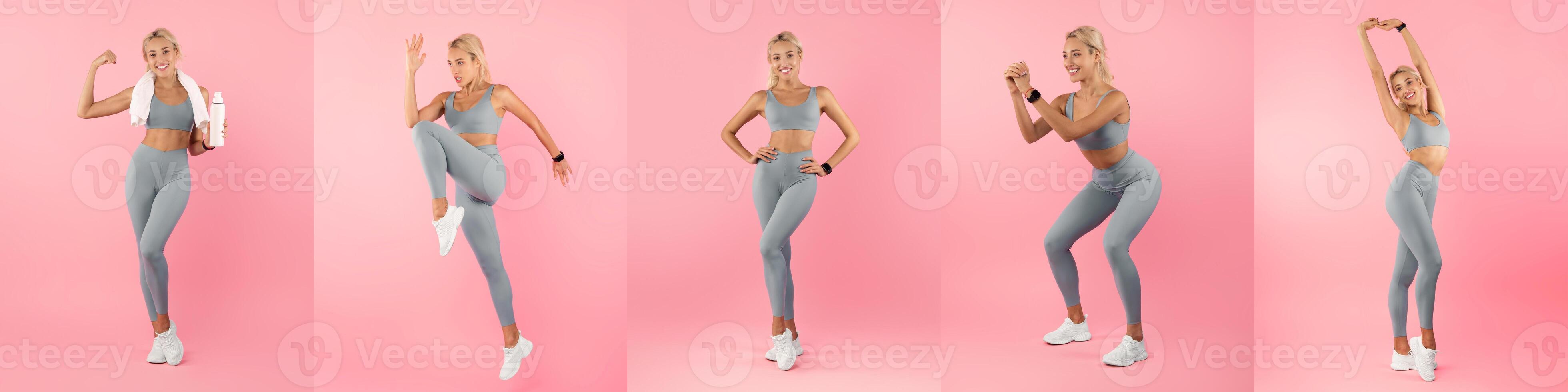 A fitness model showcases a range of dynamic exercises, highlighting movement and strength, set against a bright pink backdrop in a studio environment, ideal for workout inspiration. photo