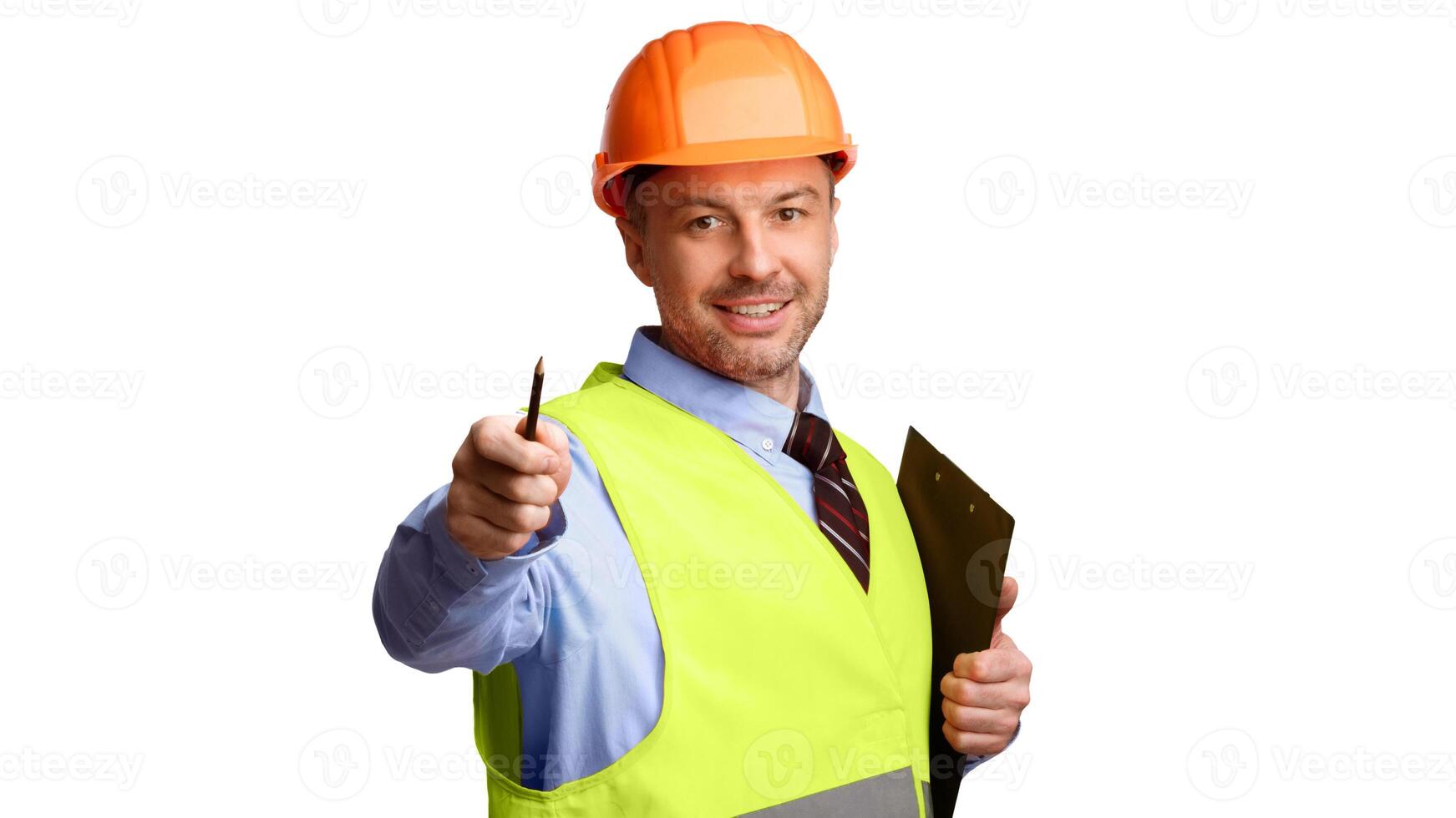 Building Job Employment Offer. Professional Housebuilder Man Offering Pen To Sign Builder Labor Contract Standing On White Studio Background. Join Our Team Concept Banner. Panorama photo