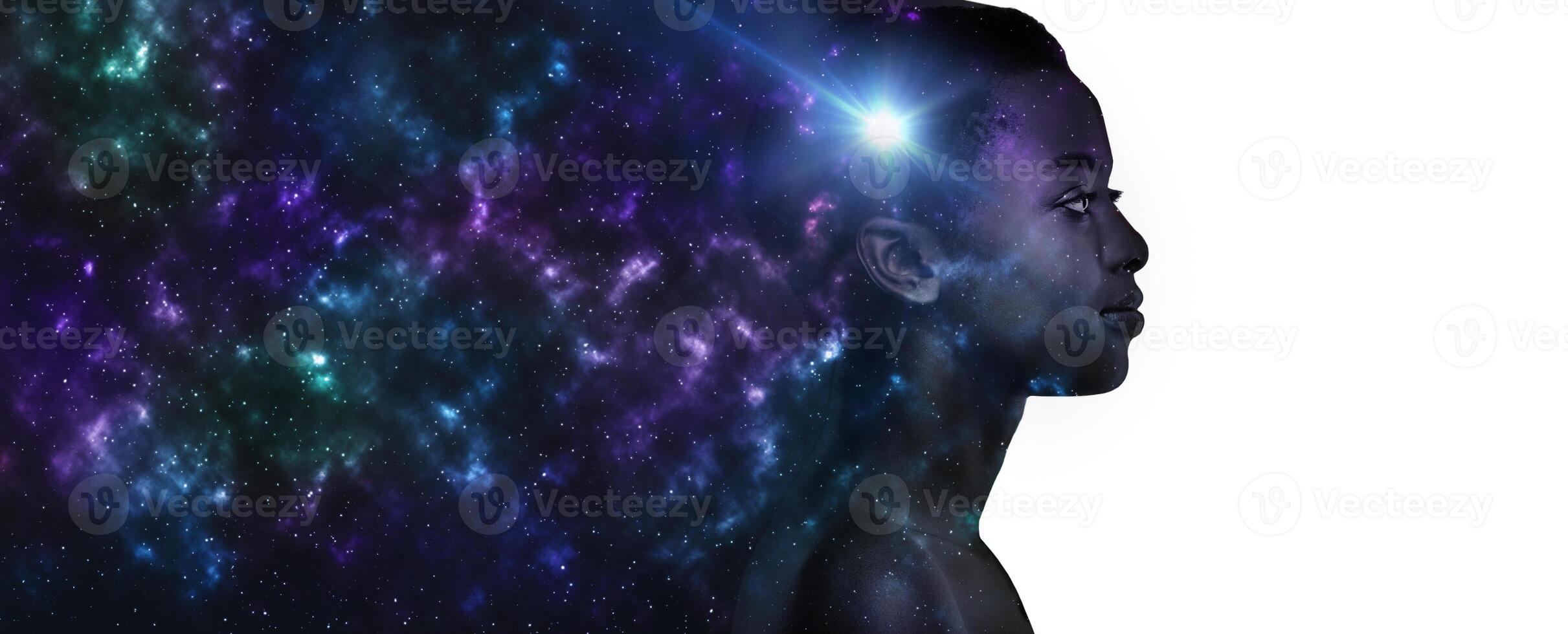 Universe inside us. Black woman profile with galaxy illustration over white background, panorama with copy space photo