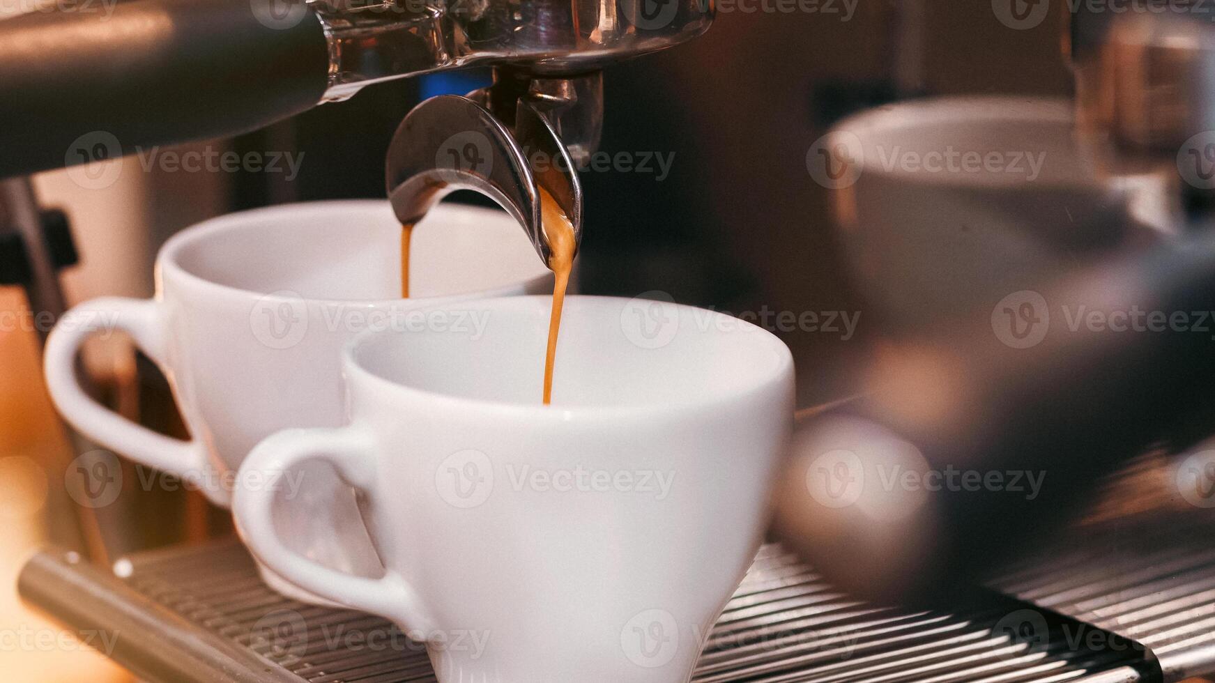 Closeup Of Working Coffee Machine With Cups, Barista Making Espresso In Coffeeshop. Selective Focus, Cropped photo