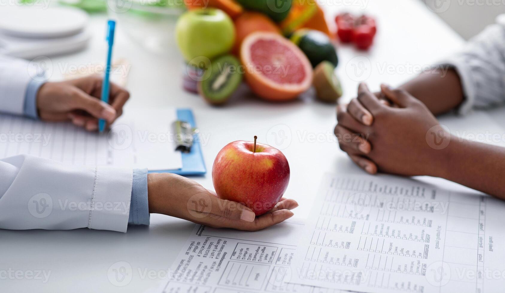 Close up of dietologist and patient female hands over doctor workplace, nutritionist holding apple photo