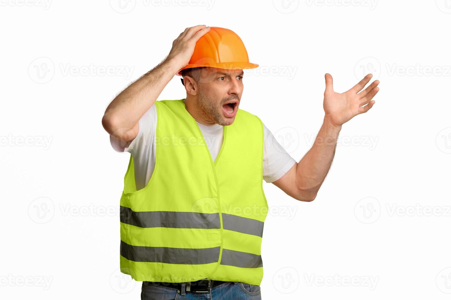 Angry Construction Foreman Worker Shouting Touching Hardhat Standing On White Background. Studio Shot photo