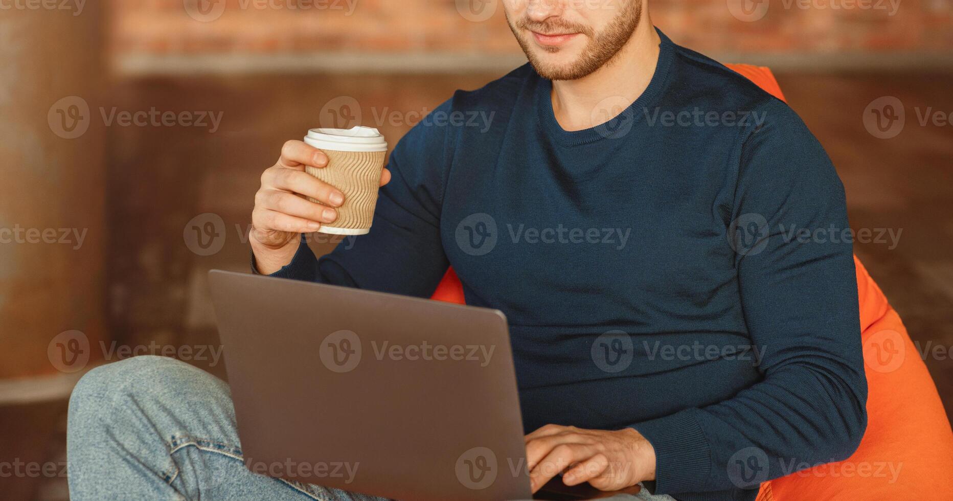 Freelancer's Lifestyle. Unrecognizable Guy Using Laptop Computer Sitting On Beanbag Chair In Modern Coworking Workspace. Cropped, Panorama, Selective Focus photo