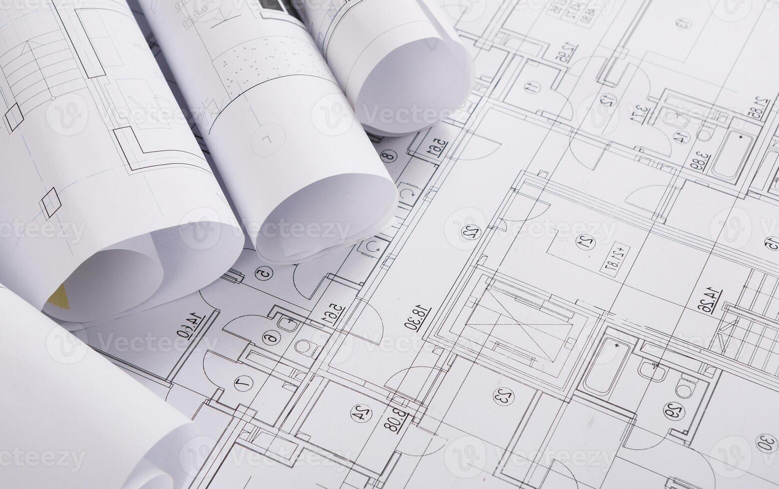 Plans of building. Architectural project background. Floor plan designed building on drawing, copy space photo